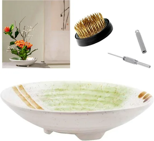 Kit de jarrón Ikebana japonés, cerámicas de contenedor poco profundo para flores, jarrón Ikebana con base para arreglos florales Kenzan de 1.57