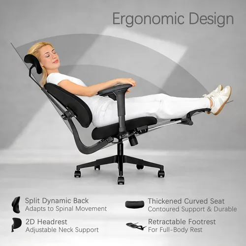 Miniatura 4 de Silla de oficina ergonómica, soporte lumbar dinámico con respaldo dividido, asiento grueso de espuma moldeada de alta densidad, reposabrazos