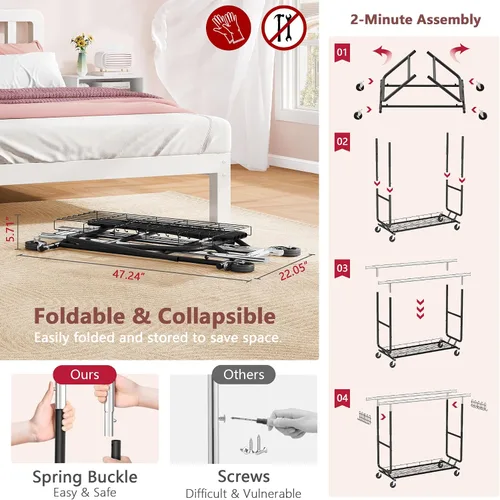 Miniatura 2 de Hoctieon Perchero de doble varilla de montaje en 2 minutos, estante resistente para ropa con ruedas, plegable para uso comercial, barra extensible