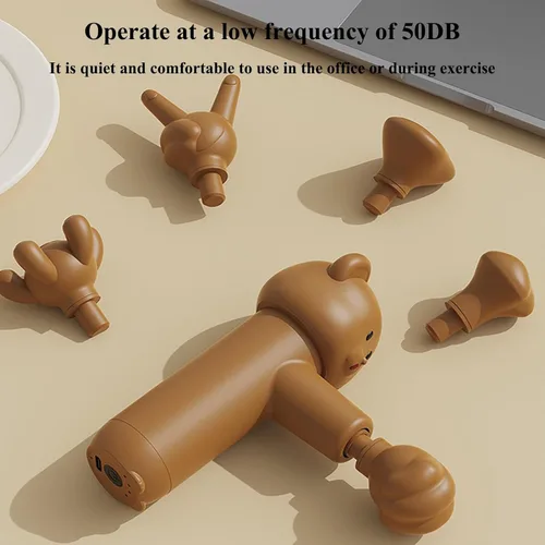 Miniatura 4 de Mini pistola de masaje con diseño de oso, 5 cabezales intercambiables, regulación de 4 velocidades, masajeador de percusión de tejido profundo