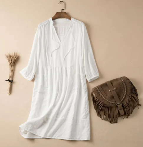 Miniatura 5 de Lafural - Vestido de algodón para verano con cuello en V para mujer, estilo casual, holgado, con manga 34 y bolsillo