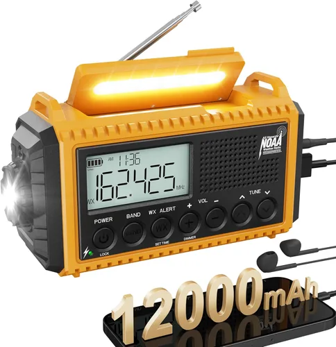 Miniatura 14 de Radio de emergencia de 12000 mAh - Alerta meteorológica AUTO NOAA, manivela solar AM/FM/SW/NOAA, linterna, cargador de teléfono, sirena SOS, kit