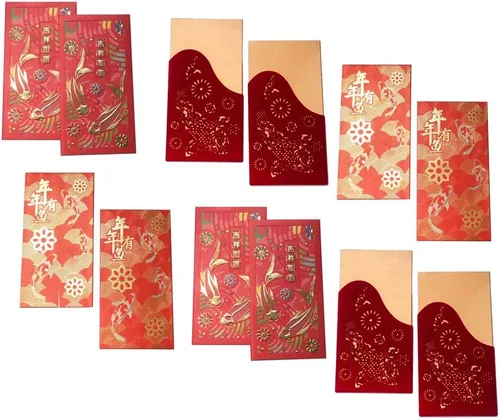 Paquete de 12 sobres rojos chinos de la suerte vietnamita Li Xi para el año nuevo lunar, pez koi, pez dorado, sobre rojo para boda, cumpleaños, baby