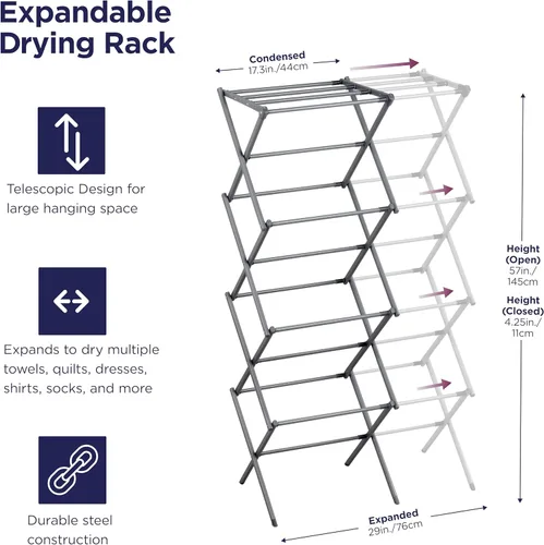 Miniatura 2 de BLACK+DECKER Escurridor de ropa plegable expandible de 4 niveles, altura telescópica, secadora de aire plegable que ahorra espacio para toallas