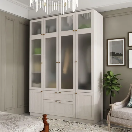 Miniatura 8 de Armario de 4 puertas con varillas para colgar y 2 cajones, armario de dormitorio con puertas de vidrio esmerilado, armario con perilla dorada, veta