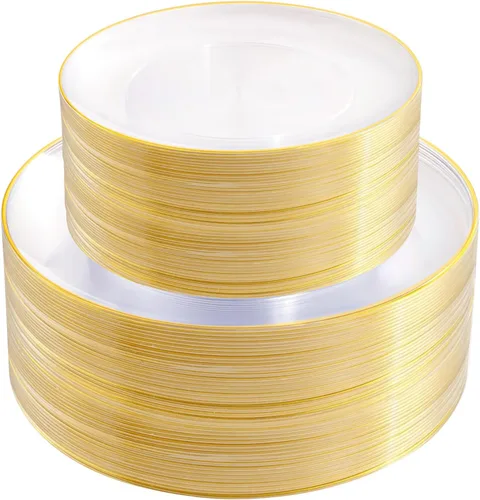 Miniatura 21 de PULOTE 100 piezas de platos de plástico verde - Platos desechables verdes con borde dorado - Incluye 50 piezas de cena de 10.25 pulgadas, 50 piezas