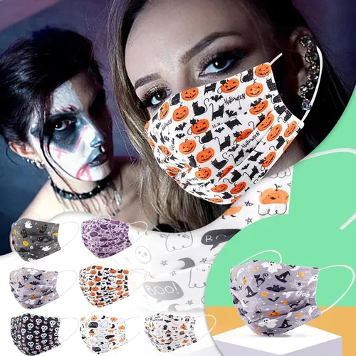 Miniatura 6 de 50 cubrebocas desechables de Halloween para adultos, uso diario, 3 capas, cubrebocas protectores con diseño de calabaza para regalo de fiesta