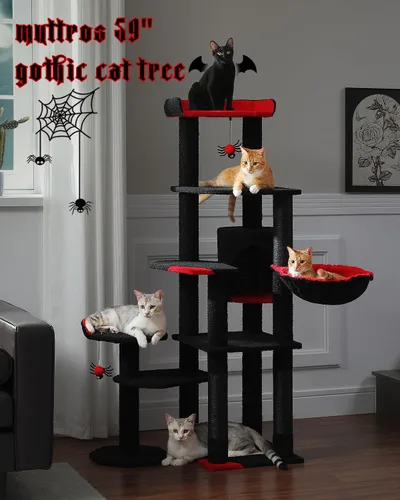 Miniatura 6 de MUTTROS Árbol gótico para gatos de 59 pulgadas con cama de ataúd, torre negra para gatos de interior con amplio condominio para gatos y hamaca