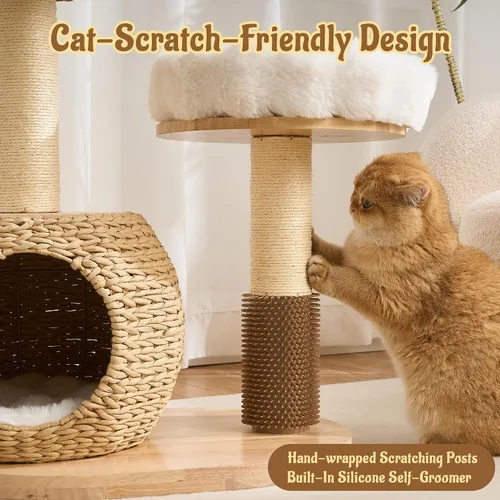 Miniatura 5 de Moderna torre de árbol para gatos de interior, madera maciza de 30 pulgadas y ratán para gatos con postes rascadores y auto arreglado, cama de felpa