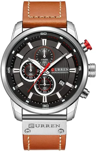 Reloj deportivo con cronógrafo para hombre, correa de cuero marrón, reloj de cuarzo, reloj de pulsera casual para hombre, Completo negroacero.