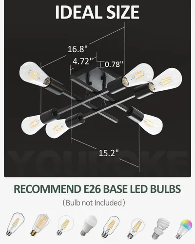 Miniatura 4 de Lámpara de techo semiempotrada de 6 luces, moderna lámpara Sputnik negra, lámpara de techo de granja E26, lámpara de techo para cocina, dormitorio