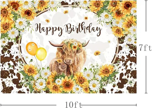 Miniatura 3 de MEHOFOND Fondo floral de cumpleaños de vacas de las tierras altas de 7 x 5 pies, ganado marrón, decoración de fiesta de feliz cumpleaños, girasoles