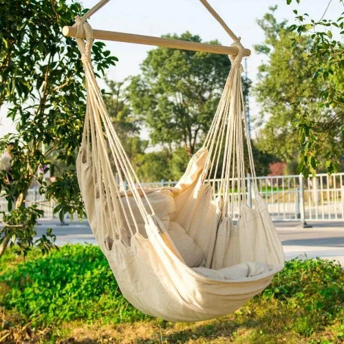 Miniatura 6 de Silla hamaca colgante de cuerda para interiores y exteriores, columpio de hamaca de tejido de algodón resistente, máximo 300 libras