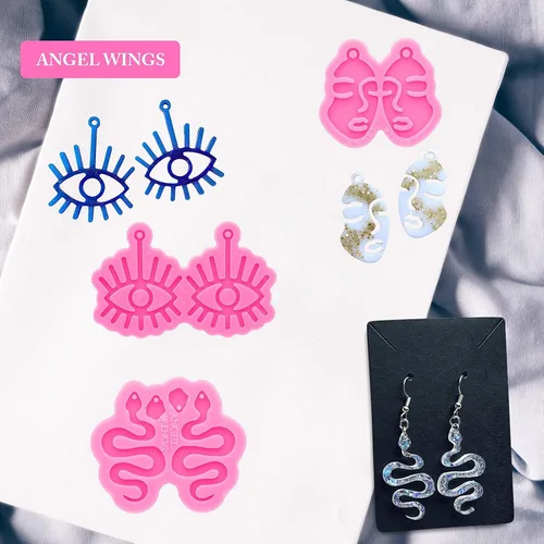 Miniatura 6 de Kit de 103 moldes de resina para aretes – Molde de silicona con forma de serpiente de cara de niña, molde de silicona epoxi para aretes con ganchos