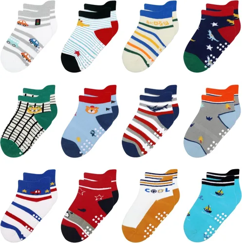 Miniatura 7 de 12 paquetes de calcetines antideslizantes para niños y bebés con agarres, 1-7 años, calcetines de algodón para tobillo para niños y niñas