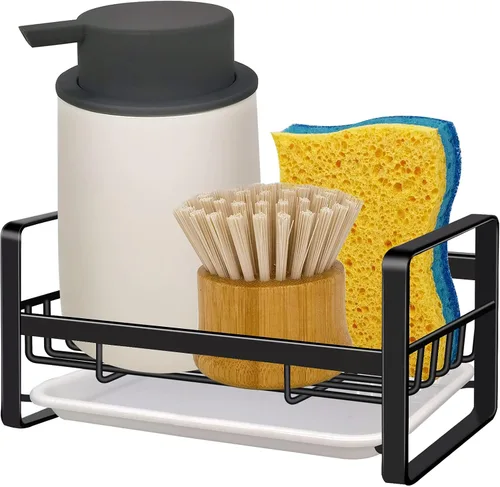 VANTEN Organizador de Fregadero de Cocina, Soporte para Esponja, Estante Escurridor con Bandeja, Dispensador de Jabón y Cepillo, Almacenamiento con