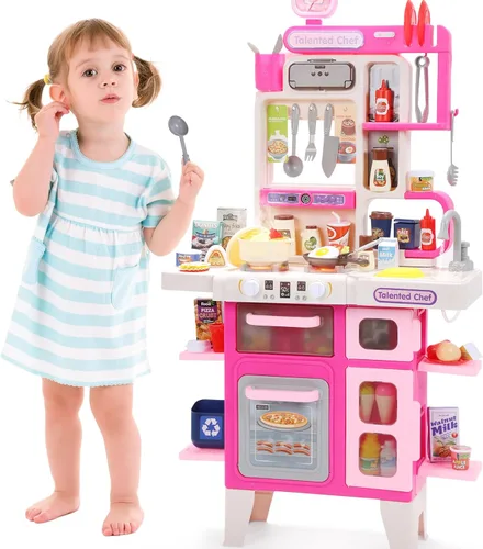CUTE STONE Juego de cocina para niños, juego de cocina con sonido y luz, estufa de cocina con vapor, fregadero de juguete, juguete de comida y Rosa