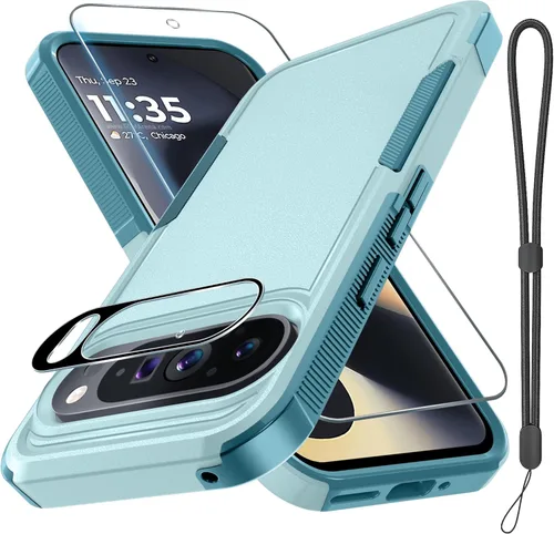 Miniatura 23 de Funda para Google Pixel 10 Pro XL con correa para la muñeca + protector de pantalla de vidrio templado + cubierta para lente de cámara, cuerpo Verde