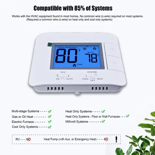 Miniatura 5 de Termostato no programable para el hogar - Multietapa 2H/2C, con gran pantalla LCD de temperatura y humedad ambiente