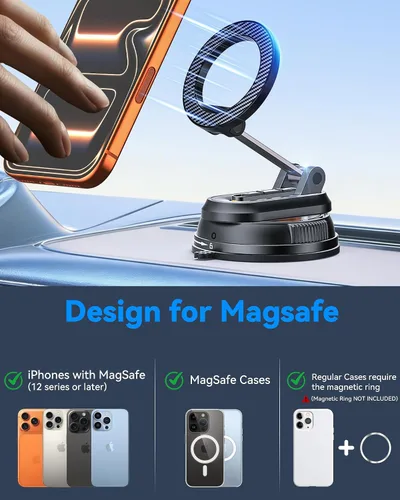 Miniatura 9 de Soporte de teléfono de coche desmontable 2 en 1 para MagSafe [imán fuerte de 2800 gf y base de succión de 89+lb] Soportes magnéticos de teléfono al
