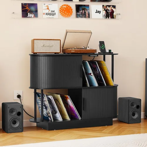 Miniatura 9 de Soporte moderno para tocadiscos con almacenamiento de vinilo, soporte de almacenamiento para tocadiscos negro de 40 pulgadas con puerta corredera