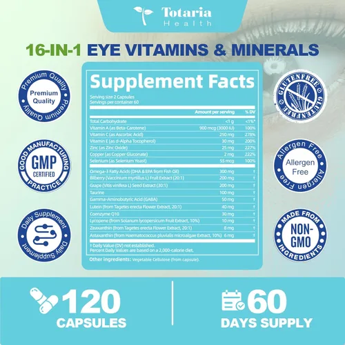 Miniatura 6 de AREDS 2 Vitaminas para los ojos y extracto mineral de arándano Omega-3, vitamina ocular para personas mayores, salud macular y ojo seco, vitaminas