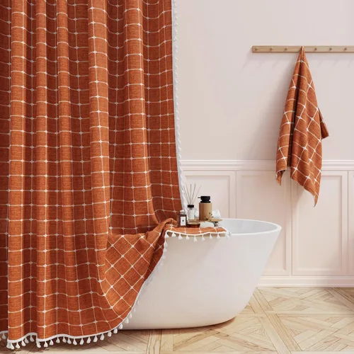 Miniatura 17 de BTTN Juego de cortinas de ducha estilo bohemio de granja con borlas, tela rústica de lino resistente, repelente al agua, cortinas de ducha gruesas A