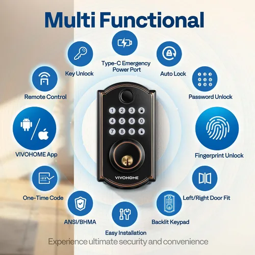 Miniatura 3 de VIVOHOME Cerradura de puerta de entrada sin llave con huella digital, cerrojo electrónico con teclado para puerta delantera, bloqueo automático, 2