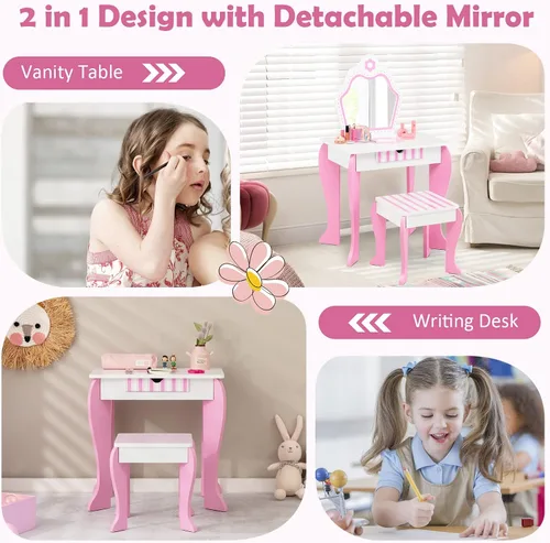 Miniatura 2 de HONEY JOY Tocador para Niños, Mesa de Maquillaje para Niños Pequeños con Espejo y Taburete, Tocador de Madera de Juego de Simulación para Niñas