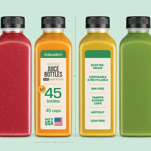 Miniatura 2 de DECADORN Botellas de Jugo de Plástico de 12 oz con Tapas - Paquete de 45 FABRICADO EN EE.UU. Botellas de Jugo Reutilizables - Contenedor de Jugo