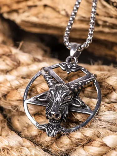 Miniatura 4 de HAQUIL Collar de Baphomet de acero inoxidable colgante de cabra sabbatic invertido cadena de caja