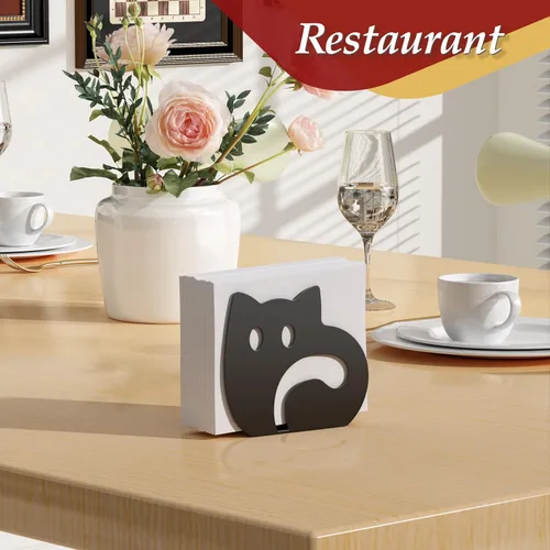 Miniatura 7 de Servilletero de gato autoajustable para mesa, moderno dispensador de servilletas de metal para cocina, comedor, servilleteros con material Negro