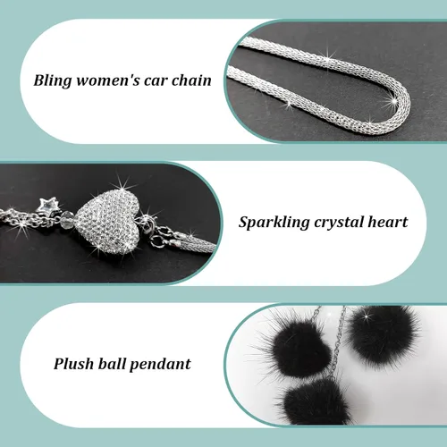 Miniatura 3 de Ziciner Accesorios de Interior de Coche con Diamantes Brillantes en Forma de Corazón - Adorno Colgante de Corazón y Bola de Felpa Rosa, Encanto