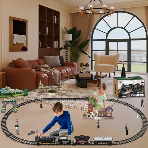 Miniatura 8 de Juego de tren eléctrico con control remoto de Navidad, locomotora de vapor, vagón de carga y pistas, juguetes de tren recargables para niños con 3