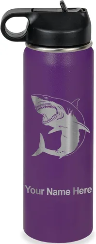 Miniatura 42 de LaserGram Botella de agua personalizada, gran tiburón blanco, acero inoxidable de doble pared aislada al vacío con popote superior, regalo grabado