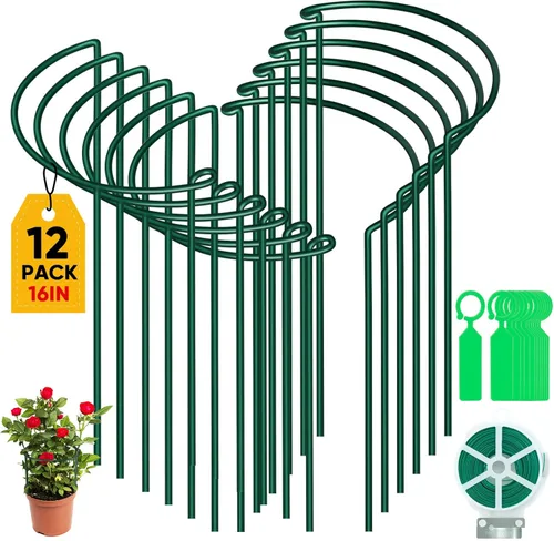 Paquete de 12 estacas de soporte para plantas, jaulas y soportes de peonías de metal, jaula de peonía, anillo de soporte para plantas, soporte de