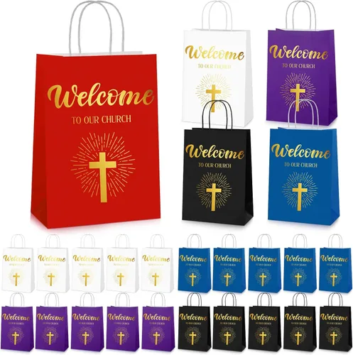 Miniatura 9 de Chuangdi 50 bolsas de regalo de bienvenida a la iglesia, bolsas de papel cristiano con asas para invitados, día de la madre, baby shower, Púrpura