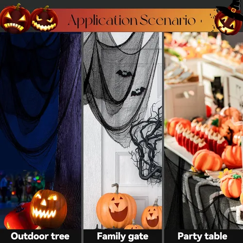 Miniatura 3 de Yobbai Paquete de 6 telas espeluznantes negras – Decoraciones de Halloween – Tela de algodón de 30 x 72 pulgadas – Tela espeluznante para casa