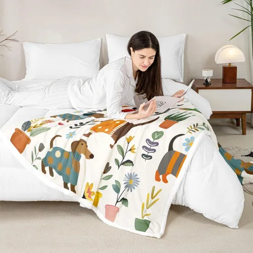 Miniatura 3 de Manta de perro salchicha de dibujos animados, bonita manta de felpa para decoración de sala de estar, flores de jardín en acuarela, sofá, cama
