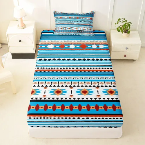 Miniatura 57 de Juego de ropa de cama de estilo bohemio occidental, tamaño individual, diseño de vaca atrapasueños, sábana bajera ajustable del suroeste, tribu