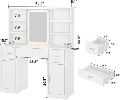 Miniatura 2 de knoworld - Escritorio de tocador con espejo deslizante y luces LED, mesa de maquillaje inteligente con estación de carga, soporte para secador