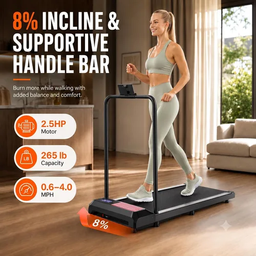 Miniatura 6 de Walking Pad with Handle Bar, 8% Incline, Compact Under Desk Treadmill 2.5HP quiet motor, 265 lb capacity, 0.6-4 MPH speed, 15 x 35.4 in belt