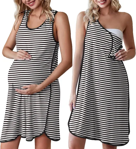 Ekouaer Vestido de parto y parto para hospital 3 en 1 vestido de enfermería sin mangas maternidad botón a presión camisón de lactancia