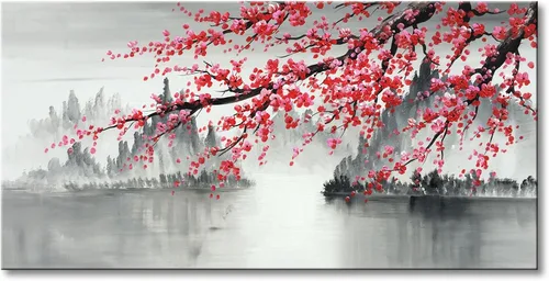 Pintura al óleo china tradicional hecha a mano de flor de ciruelo rosa, arte de pared en lienzo, obra de arte de paisaje moderno en blanco y negro