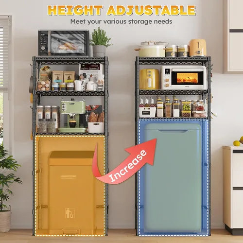 Miniatura 5 de REIBII Mini estante para refrigerador de 3 niveles con almacenamiento, estantería de metal de 264 libras con 8 ganchos, organizador de altura