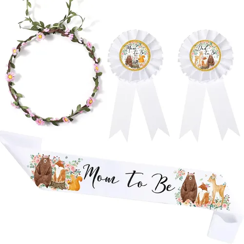 Xinnun 4 piezas de decoración de baby shower, diseño de flores de bosque para mamá y papá, broche de ramillete con hojas verdes salvia, corona de