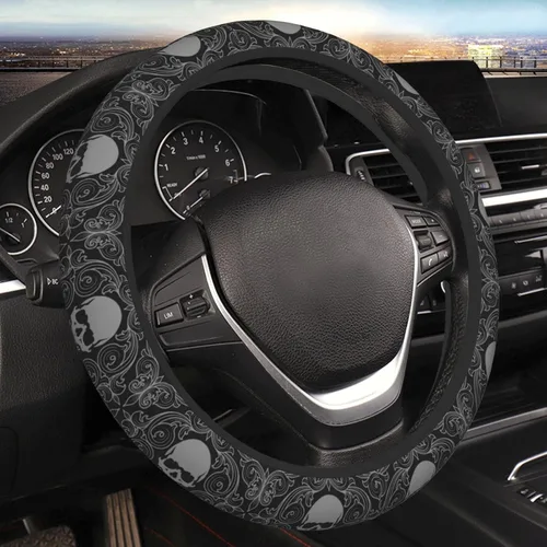 Funda de volante retro con diseño de calavera para mujeres, hombres y niñas, accesorios para automóvil, decoración, antideslizante, de neopreno, 15