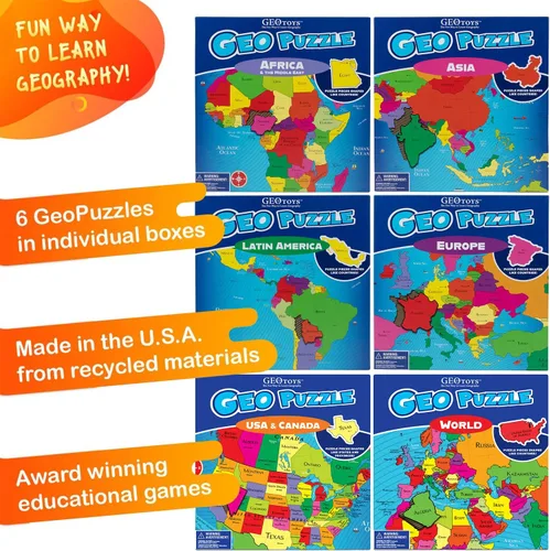 Miniatura 3 de GeoToys GeoPuzzle, juego de 6 rompecabezas de campo, juego de geografía y mapas, juegos educativos y actividades de aprendizaje para niños, regalos