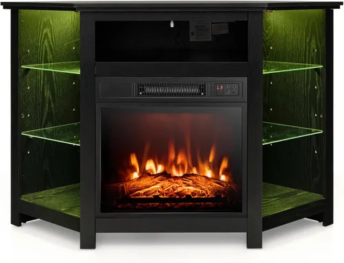 Miniatura 16 de Tangkula - Soporte de TV de esquina con chimenea y luces LED y control inteligente por APP para TV de 50 pulgadas, centro de entretenimiento con Gris