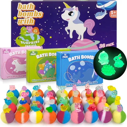Bombas de baño para niños con juguete interior, set de 36 bombas de baño con dinosaurio que brilla en la oscuridad, animales y sorpresas oceánicas